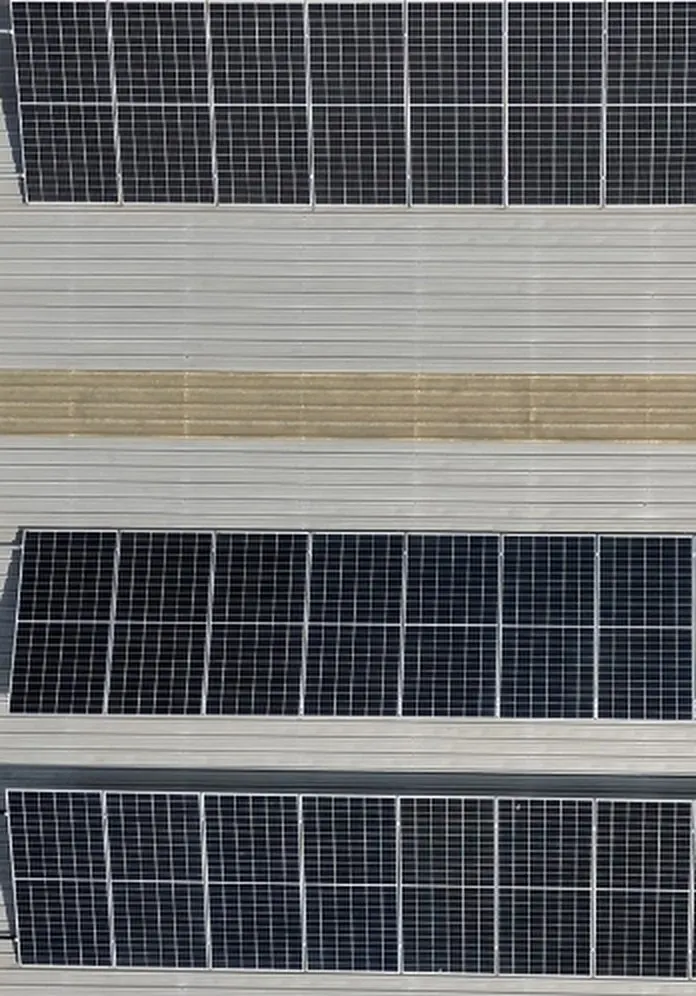 Close colour photo of rooftop solar panels in rows, with roof sheeting between them.