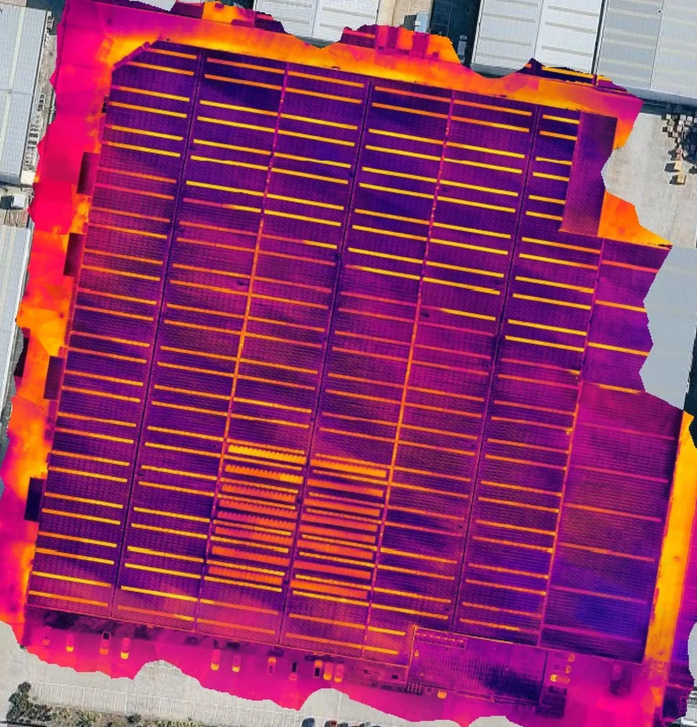 Thermal image of the same roof: warm bands run along the roof sheeting and the solar array shows warm against the cooler purple roof.