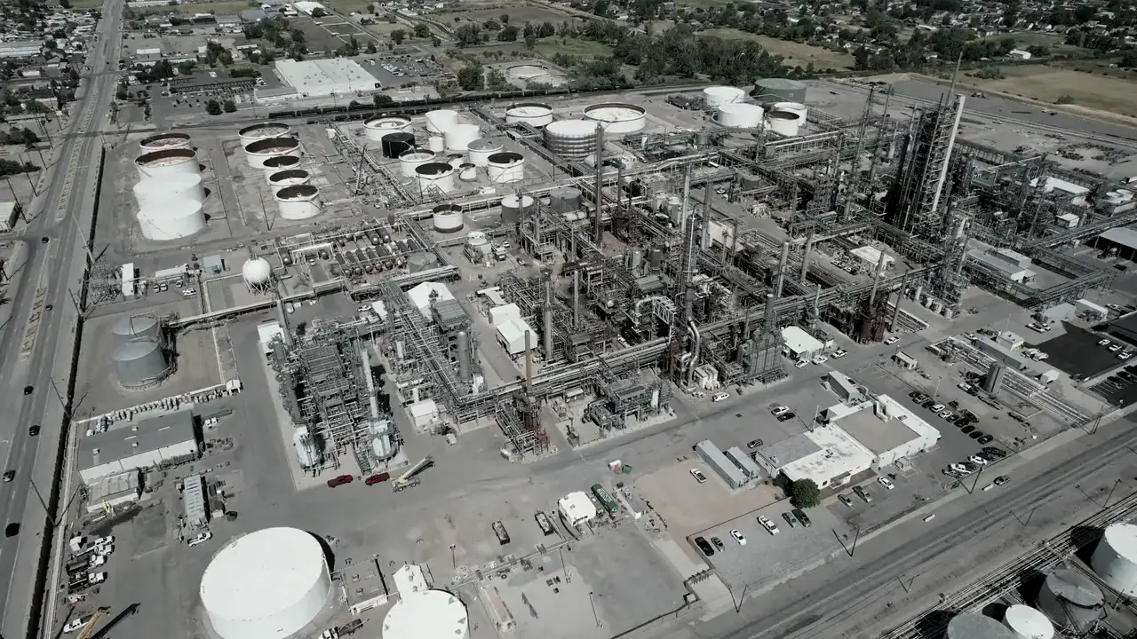 Stock aerial footage: an industrial plant with storage tanks and pipework.
